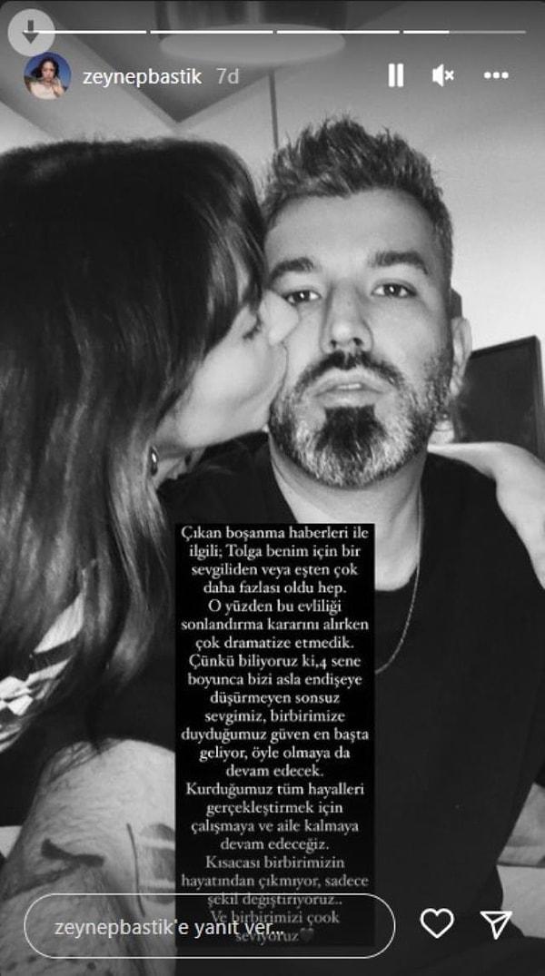 Zeynep Bastık ve Tolga Akış çifti sosyal medya hesaplarından yaptığı açıklamayla boşanacaklarını duyurmuştu.