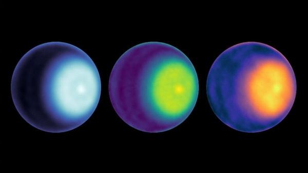 Uranüs'ün kuzey kutbundaki bir siklon, gezegenin üç farklı radyo dalgası dalga boyunda çekilen bu sahte renkli görüntülerinde parlak bir nokta olarak görünüyor.
