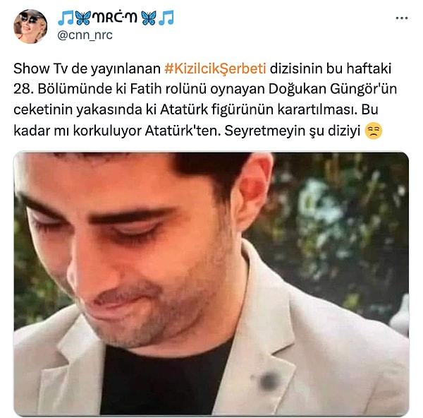 Bir sosyal medya kullanıcısı ise bu konuyla ilgili aslında Fatih'in Atatürk rozeti taktığını ve dizinin bu sahnede Atatürk rozetini buzladığını iddia edince ortalık karıştı.