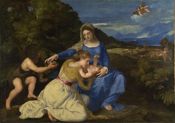 Titian, Bellini kardeşler ve Giorgione'nin etkisiyle dini ve mitolojik konuları işlerken bir yandan da Barok tarzını benimseyerek asimetrik kompozisyonlar oluşturdu.