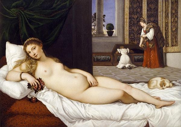 1538 yılında çizdiği "Urbino Venüsü" tablosunda Venüs’ü çıplak, genç bir kadın olarak betimledi.