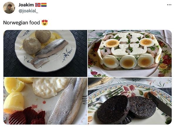 Twitter'da Joakim 🇳🇴🏳️🌈 (@joakial_) isimli kullanıcı, "Norveç yemekleri 😍" başlığıyla Norveç mutfağının en sevilen yemeklerini paylaştı...
