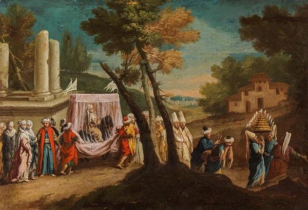 "Boğaz’da Düğün" adlı resimdeki Türk düğününde tahtırevanda taşınan gelinin damadın evine götürülme anını resmedilmektedir.