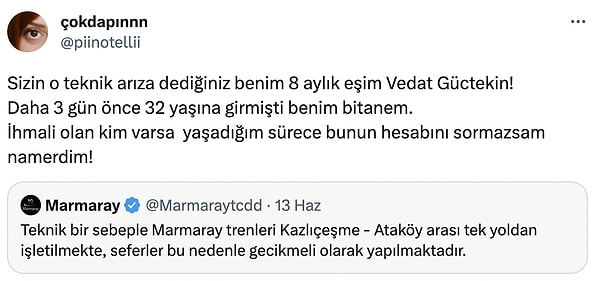 Vedat Güçtekin'in eşi de Twitter'da Marmaray'ın bu paylaşıma tepki göstermişti. "Daha 3 gün önce 32 yaşına girmişti benim bitanem. İhmali olan kim varsa  yaşadığım sürece bunun hesabını sormazsam namerdim!" sözleriyle isyan etmişti.