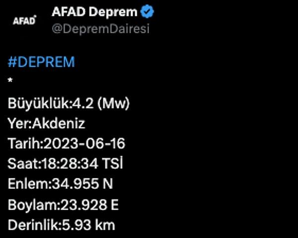 AFAD’dan yapılan açıklamaya göre; saat 18:28’de Akdeniz açıklarında 4,2 büyüklüğünde bir deprem meydana geldi.