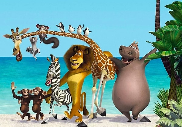 6. На какой остров попали лев Алекс, зебра Марти, гиппопотам Глория и жираф Мелман?