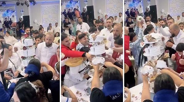 Bir düğünde, servis edilmek üzere götürülen pasta davetliler tarafından kapışıldı.