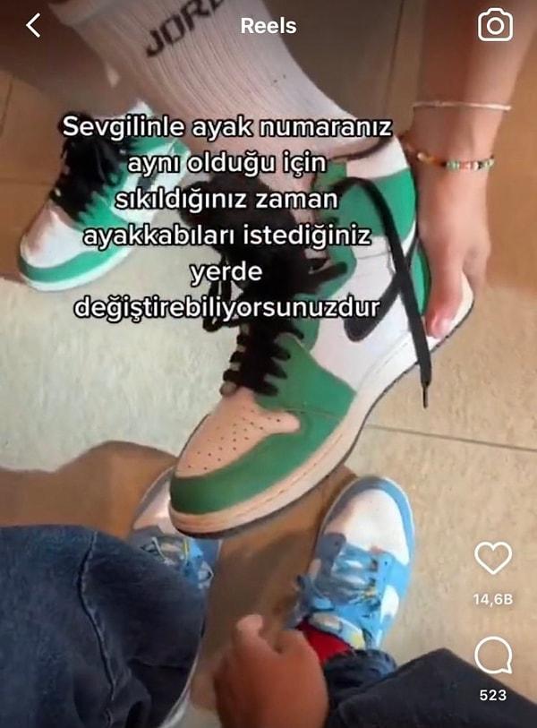 Sosyal medya platformu Instagram'da bir kullanıcı, sevgilisi ile aynı ayakkabı numarasına sahip olduklarını ve bu yüzden ayakkabılarını değiştirerek giydiklerini paylaştı.