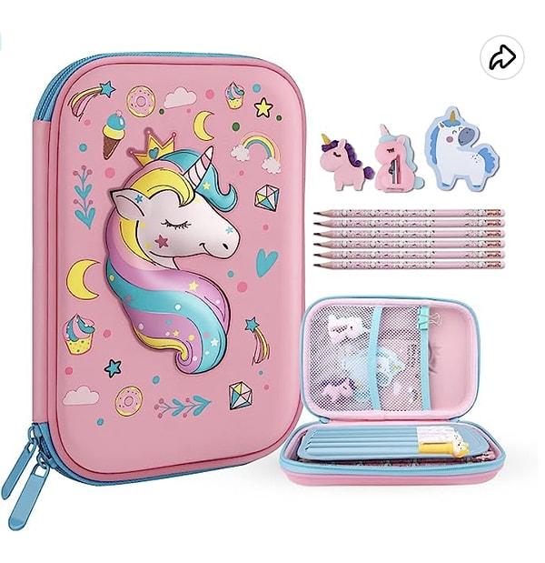 Unicorn şekilli bu kalem kutusu,  unicorn desenli kalemleri ile kız çocuklarının bayılacağı bir set.