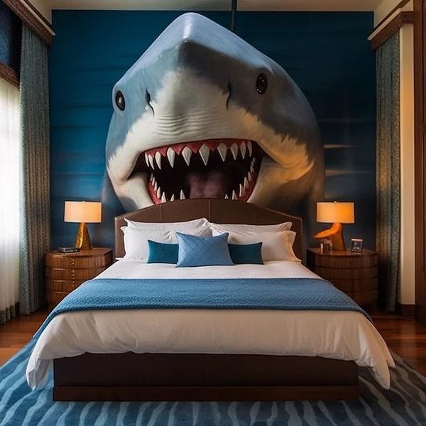 15. "Jaws" filminden ilham alınarak tasarlanan bir otel odası.