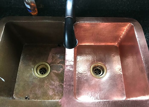 15. Медная раковина до чистки и после