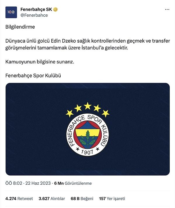 Fenerbahçe'den sabah saatlerinde yapılan açıklamada, "Dünyaca ünlü golcü Edin Dzeko sağlık kontrollerinden geçmek ve transfer görüşmelerini tamamlamak üzere İstanbul’a gelecektir" ifadeleri kullanıldı.