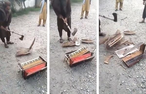 Videoda, Taliban üyelerinin büyük bir hırsla her iki müzik aletini de parçalara ayırdığı görülüyor.