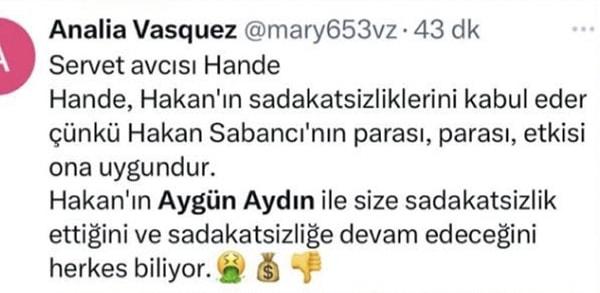 Twitter'da da Aygün Aydın'a ait olduğu iddia edilen bazı hesaplardan Hande Erçel ve ablası Gamze Erçel ile ilgili peşi sıra olumsuz paylaşımlar yapılıyor.
