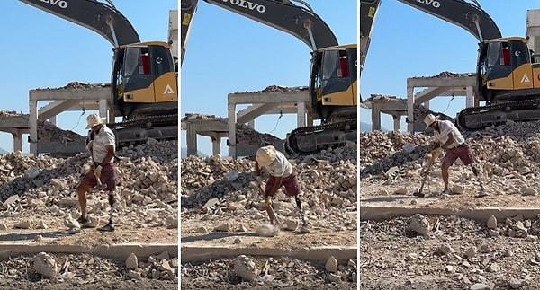 Elinde balyoz ile enkaz betonlarını parçalayan vatandaş, enkazdan çıkardığı demirleri satarak geçinmeye çalışıyor...