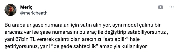 Aralarında gelen bir yorum ise ufkumuzu genişletti. "Bu arabalar şase numaraları için satın alınıyor, aynı model çalıntı bir aracınız var ise şase numarasını bu araç ile değiştirip satabiliyorsunuz"❗️