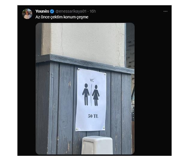 Twitter’da yapılan bir paylaşıma göre Çeşme’de tuvalet ücreti 50 lira oldu. Kullanıcı paylaşımına “Az önce çektim konum Çeşme” notunu düştü.