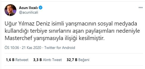 Sebebi Acun Ilıcalı'nın attığı tweet sonrasında anlaşılmıştı. Uğur'un yıllar önce attığı tweetler sebebiyle yarışmadan diskalifiye edilmesine de pek çok tepki gelmişti.