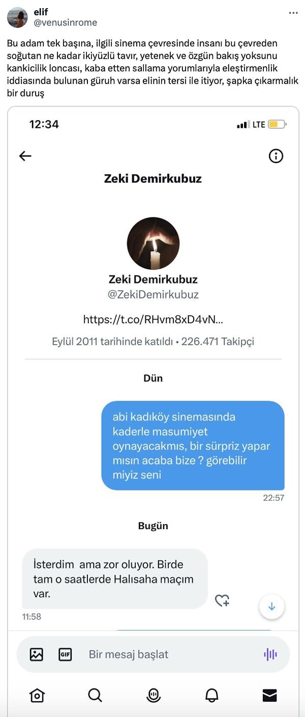 Twitter'da @venusinrome adlı bir hesap, Demirkubuz'un Instagram'dan atılan bir mesaja verdiği cevabı paylaştı. Bakalım ünlü yönetmenin futbol sevdasına ne tepkiler geldi.