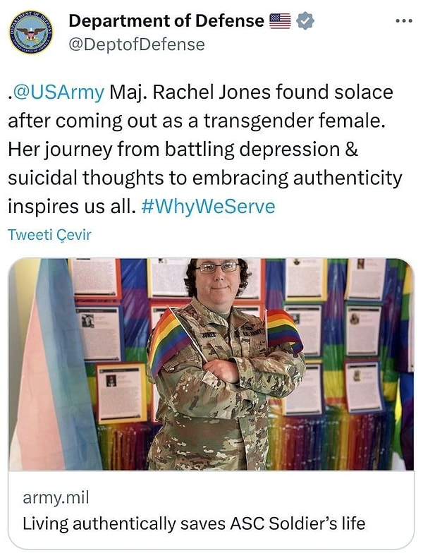 ABD Savunma Bakanlığı'nın (Pentagon) resmi twitter hesabı, geçtiğimiz günlerde ABD ordusunda görevli Binbaşı Rachel Jones’ı paylaşarak kendisini kutlamıştı.