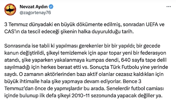 Nevzat Aydın yaptığı paylaşımda 3 Temmuz süreciyle ilgili şike yapıldığı iddiasında bulunduğu yazısı şöyleydi👇