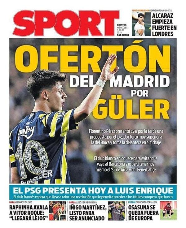 Sport "Madrid'den Güler için büyük teklif" manşetiyle konuyu ilk sayfasına taşırken haberde de "Barça'nın Güler'in transferini bitirmeye çok yaklaştığı bir anda Madrid, Barça kulübünü dezavantajlı duruma düşürecek son bir teklifle ortaya çıktı" ifadelerine yer verildi.