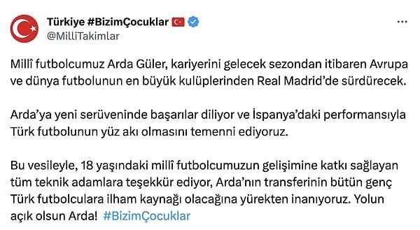 Milli Takımlar hesabı Arda Güler'in transferini böyle duyurdu ve başarılar diledi.