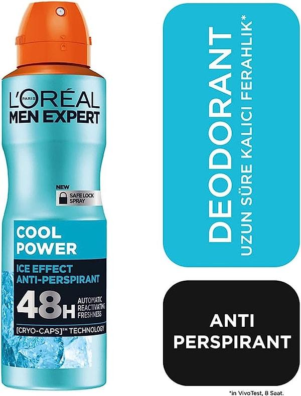 16. Islaklık karşıtı mikro sensörler ile kuruluk hissi sağlayan L'oreal Paris Men Expert Cool Power Anti Perspirant sprey deodorant