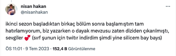 Dizinin ikinci sezonu başladıktan sonra ekibe dahil olduğunu söyleyen Nisan Hakan, "ben geldikten sonra o mevzular çıkarılmıştı" açıklamasında bulundu.