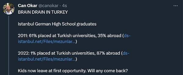 "Türkiye'de Beyin Göçü" şeklinde İstanbul Alman Lisesi Mezunları'nın 2011 yılı ile 2023 yılında üniversite tercihlerinin son durumunun paylaşımı sorunu gözler önüne seriyor: "Çocuklar artık ilk fırsatta gidiyor. Herhangi biri geri gelecek mi?"