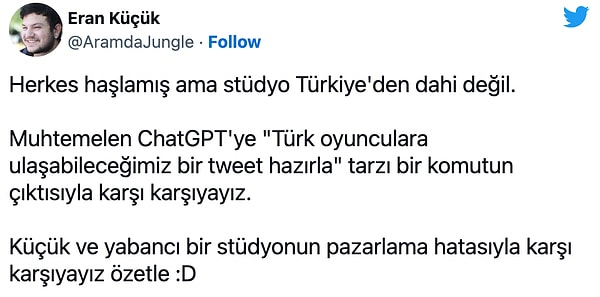 Kimi kullanıcılar ise stüdyonun internetin yazısız kurallarından olan Türk etkileşiminin tadını aldığını iddia etti.