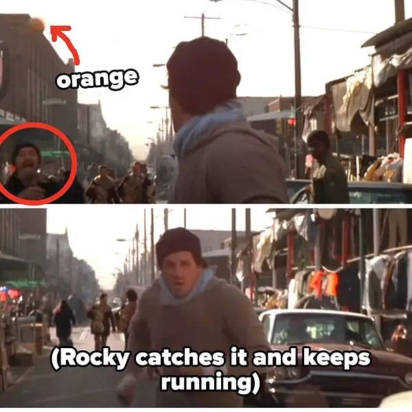 10. İtalyan pazarında Rocky'ye portakal atıldığı antrenman sahnesinde, yoldan geçen kişi onun gerçek bir koşucu olduğunu düşündü ve ona bir portakal attı. Sylvester Stallone onu yakaladı ve sahneye devam etti.