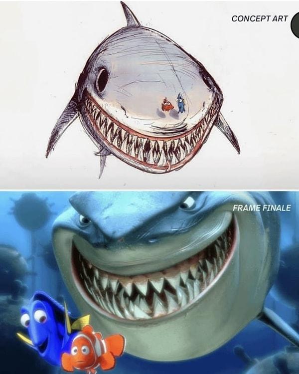 11. Bir çocuk animasyon filmi olan Kayıp Balık Nemo'dan Bruce karakterinin orijinal konsept çizimi;