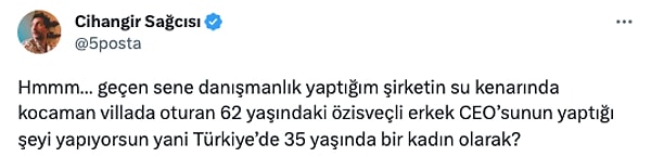 "Su kenarında kocaman villada oturan 62 yaşındaki özisveçli erkek CEO’su da böyle yapıyor."