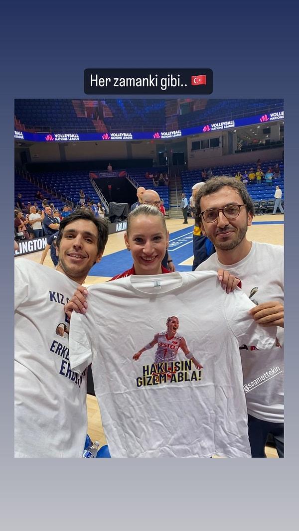 Bir diğer tişört ise Gizem Örge içindi. Arina Fedorovtseva'nın yüzümüzü güldüren "Haklısın Gizem Abla"nın tişörtünü basmışlardı.