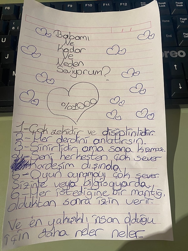 Gürkan, "Babamı ne kadar ve neden seviyorum?" başlığı ile sevgisini kağıda döken küçük kızının notunu takipçileri ile paylaştı.