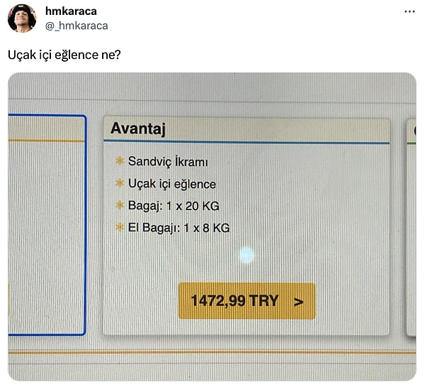 Twitter'da @_hmkaraca adlı bir kullanıcı, karşısına çıkan uçak bilgilerini paylaştı. Paylaşımındaki "uçak içi eğlence" ise sosyal medya kullanıcılarının diline düştü. Bakalım kimler o ilginç ibareye ne tepkiler verdi?