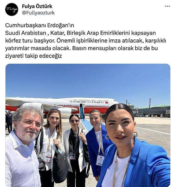 Şimdi ise Fulya Öztürk, başka bir konuyla yeniden gündemde. Cumhurbaşkanı Recep Tayyip Erdoğan’ın Körfez turunu izleyen gazeteciler arasında olan Öztürk, Twitter hesabından Cumhurbaşkanlığı uçağının önünde çekilen bu fotoğrafı paylaşmıştı.