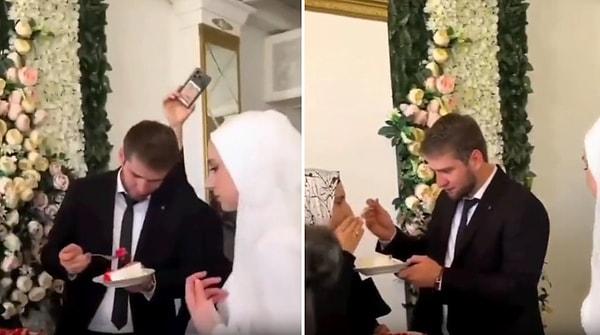 Eşinin pastayı kendisine yedireceğini düşünen gelin kafasını öne doğru uzatırken, damat pastayı annesine yedirdi!