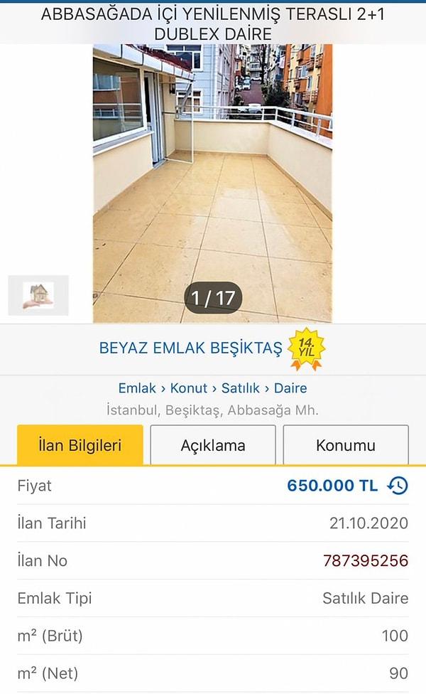 2020 yılında satılık olan Beşiktaş Abbasağa Mahallesi'ndeki bu ev, 650 bin TL'ye alıcı aramış. Bulmuş mu? Bilmiyoruz. Çünkü ev halen satılık.