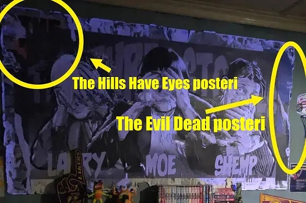 19. Evil Dead Rise'da, Danny'nin yatak odasında hem The Hills Have Eyes hem de The Evil Dead posterlerinin yırtık kısımlarının görüntüsü var.