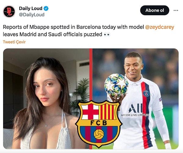 Twitter'da Daily Loud sayfası, Mbappe'nin bugün 19 yaşındaki Türk model Alya Vural ile Barselona sokaklarında görüntülendiğini iddia etti.
