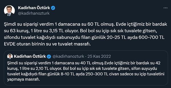 Twitter'da bir finans uzmanı olan Kadirhan Öztürk'ün paylaşımında içme suyu tüketiminin boyutunu görüyoruz.