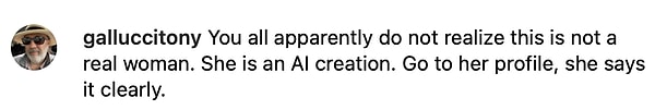 8. "Görünüşe göre hepiniz bunun gerçek bir kadın olmadığının farkında değilsiniz. O bir yapay zeka eseri. Profilinde de yazıyor."