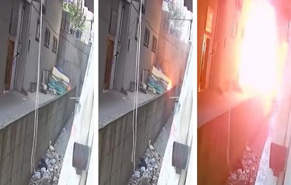 Videoda camdan atılan sigara izmaritinin saniyeler içinde yangın çıkardığı görülüyor...
