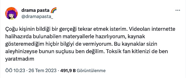 Şimdi günümüze geri dönebiliriz. Ceyhun'un tweetini gören Drama Pasta, kendisini hiçbir şekilde etiketlemeden ve isim vermeden (her ne kadar vermese de kime yazdığı belli elbette) bir açıklama yaptı.