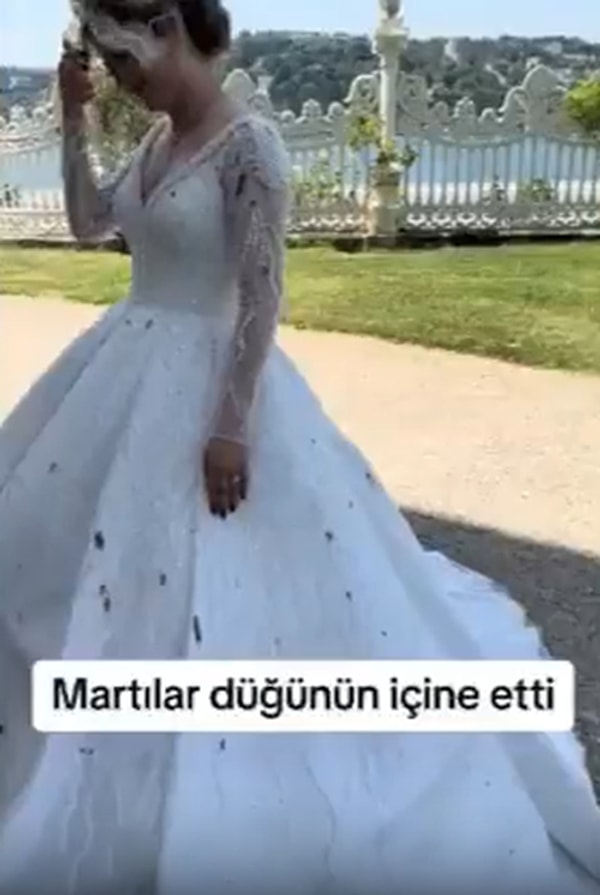 Düğün fotoğrafı çekimi sırasında martıların saldırısına uğradığı belirtilen talihsiz kadının gelinliği martı dışkısı ile kaplandı.