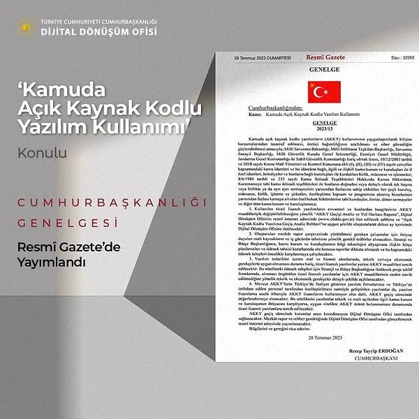 Kamuda Açık Kaynak Kodlu Yazılım kullanımı (AKKY) ile İlgili Cumhurbaşkanlığı Genelgesi, Resmi Gazete'de yayınlandı.