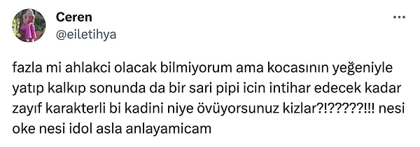 Ceren isimli bir Twitter kullanıcısı, Bihter ile ilgili sürekli görmezden geldiğimiz fakat su götürmez bir gerçek olan 'Kocasının yeğeniyle aşk yaşayan' detayını önümüze serdi.