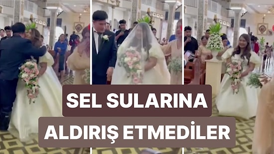 Fırtına Sebebiyle Su Basan Düğün Salonunda Hem Çift Hem de Davetliler Bir şey Olmamış Gibi Törene Devam Etti